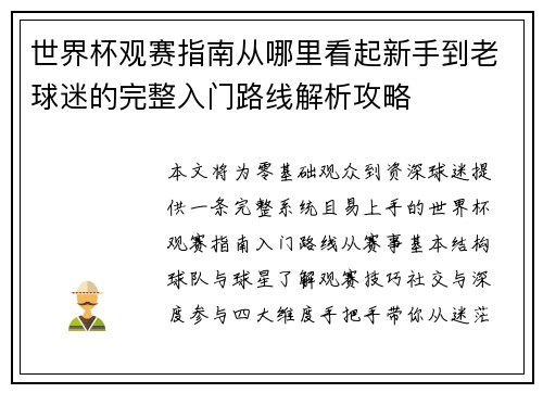 世界杯观赛指南从哪里看起新手到老球迷的完整入门路线解析攻略
